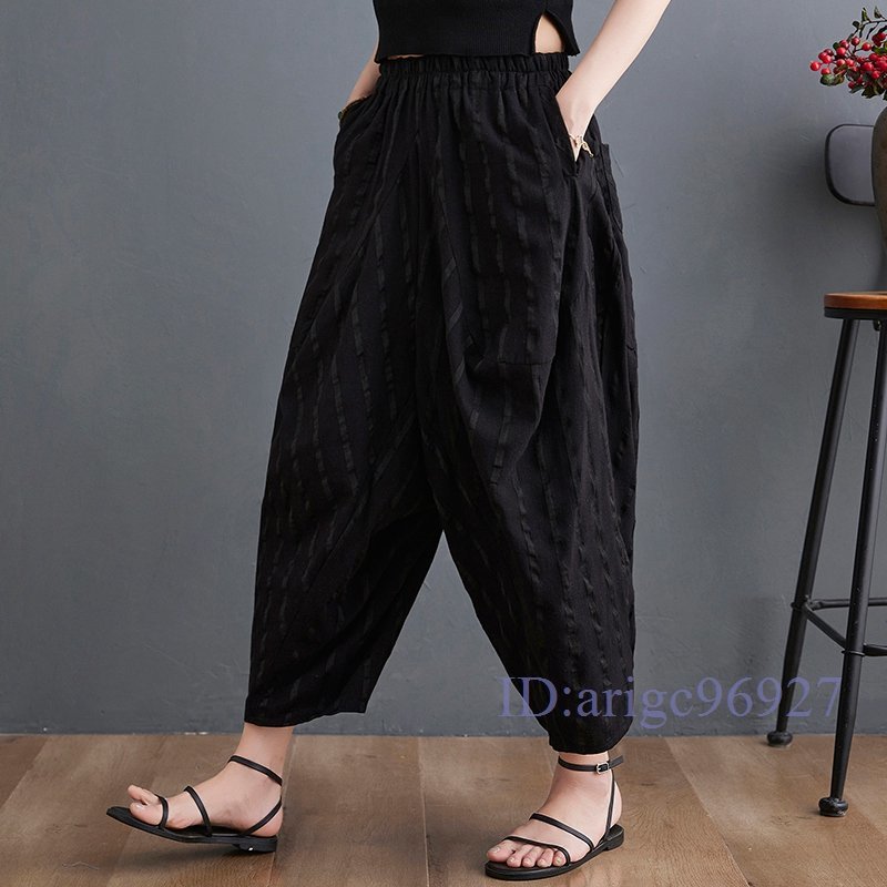 R950* new goods L-XL size summer gaucho pants cotton flax linen wide pants border pattern bottoms large size casual waist rubber beige 