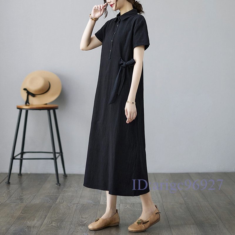 R047☆新品リネンワンピース レディース シャツスカート ゆったり 薄手 綿麻 夏 秋 体型カバー 黒 M~2XL_画像3