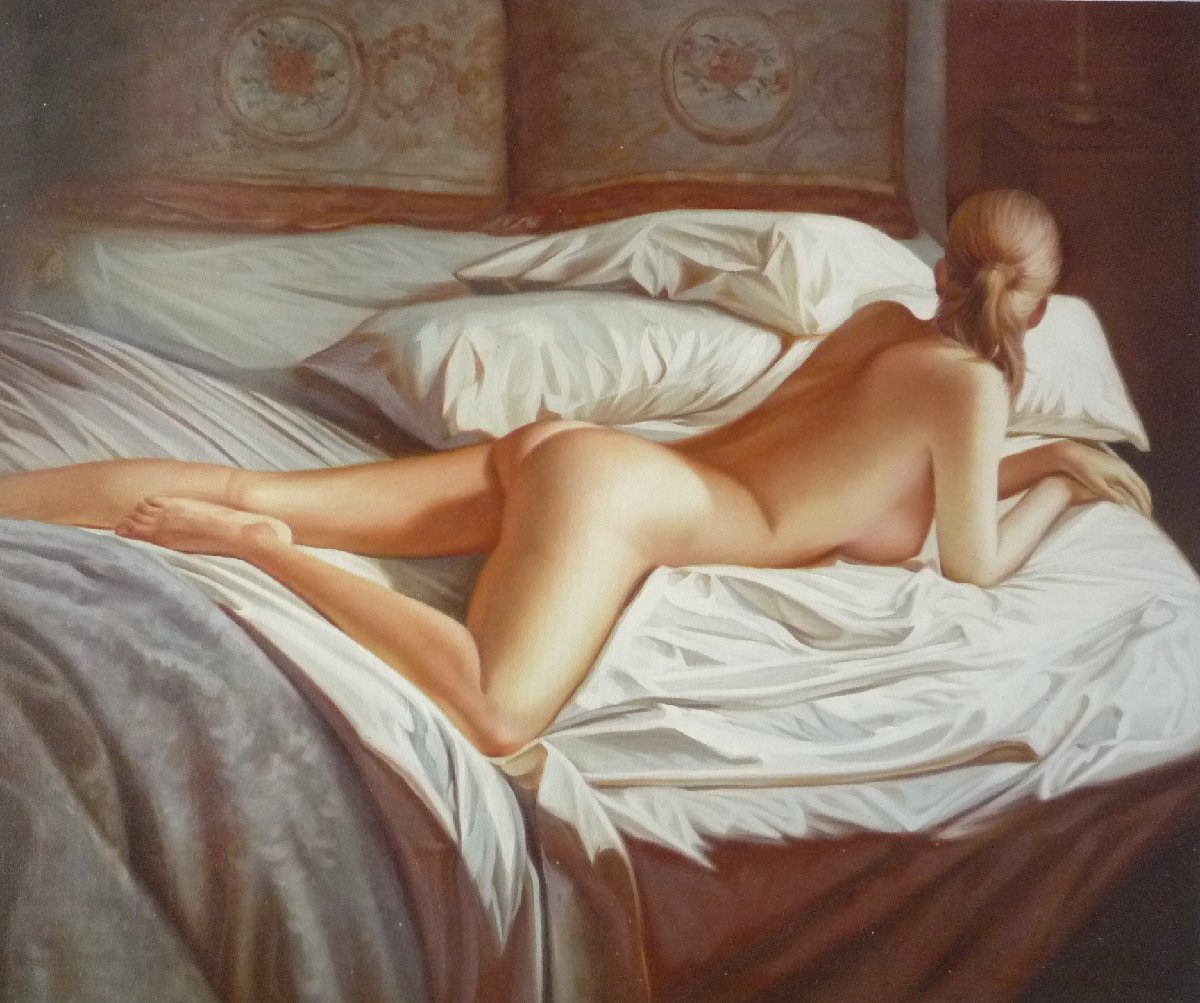肉筆絵画 油絵 油彩画 洋画 (油絵額縁付きで納品対応可) F12号 「横たわる裸婦」