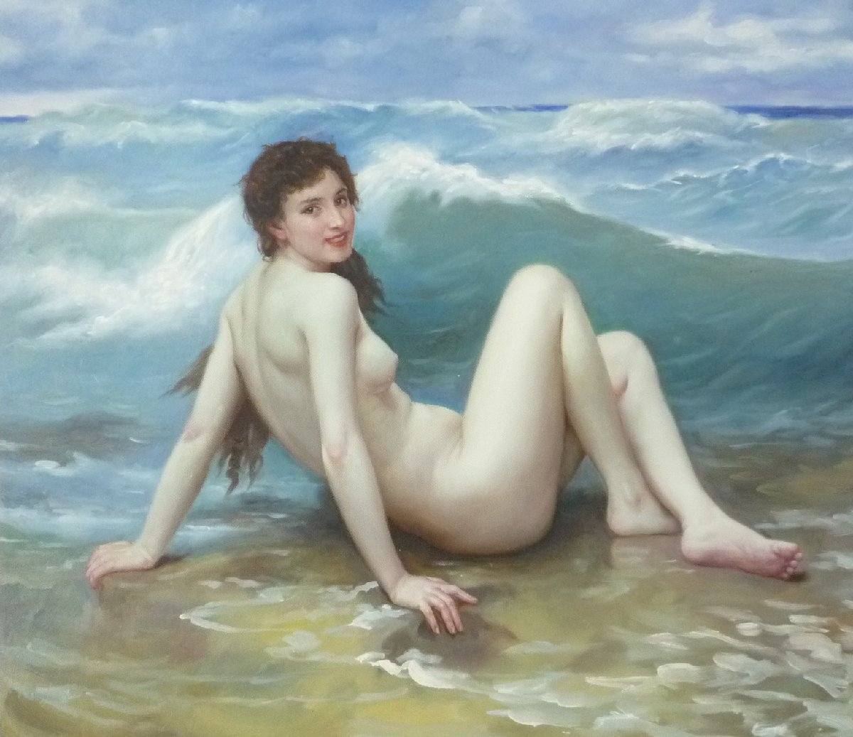 肉筆絵画 油絵 油彩画 洋画 (油絵額縁付きで納品対応可) F10号 「海辺の裸婦」