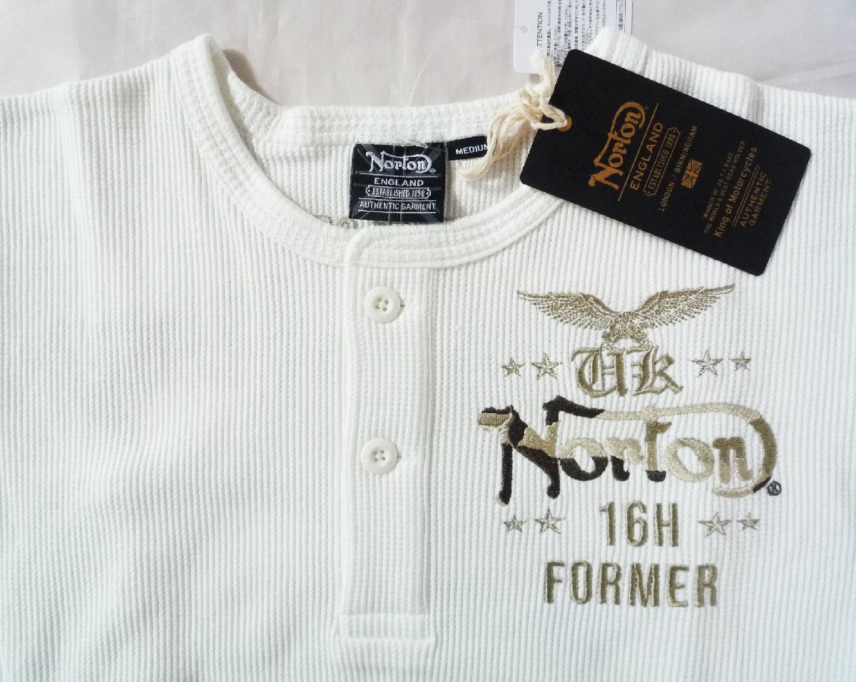 ノートン NORTON 長袖Ｔシャツ ヘンリーネック ワッフル編み 2つボタン 刺繍 XLサイズ ホワイト 白_画像3