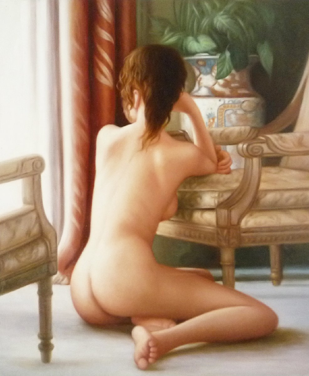 肉筆絵画 油絵 油彩画 洋画 (油絵額縁付きで納品対応可) F12号 「窓辺の裸婦」