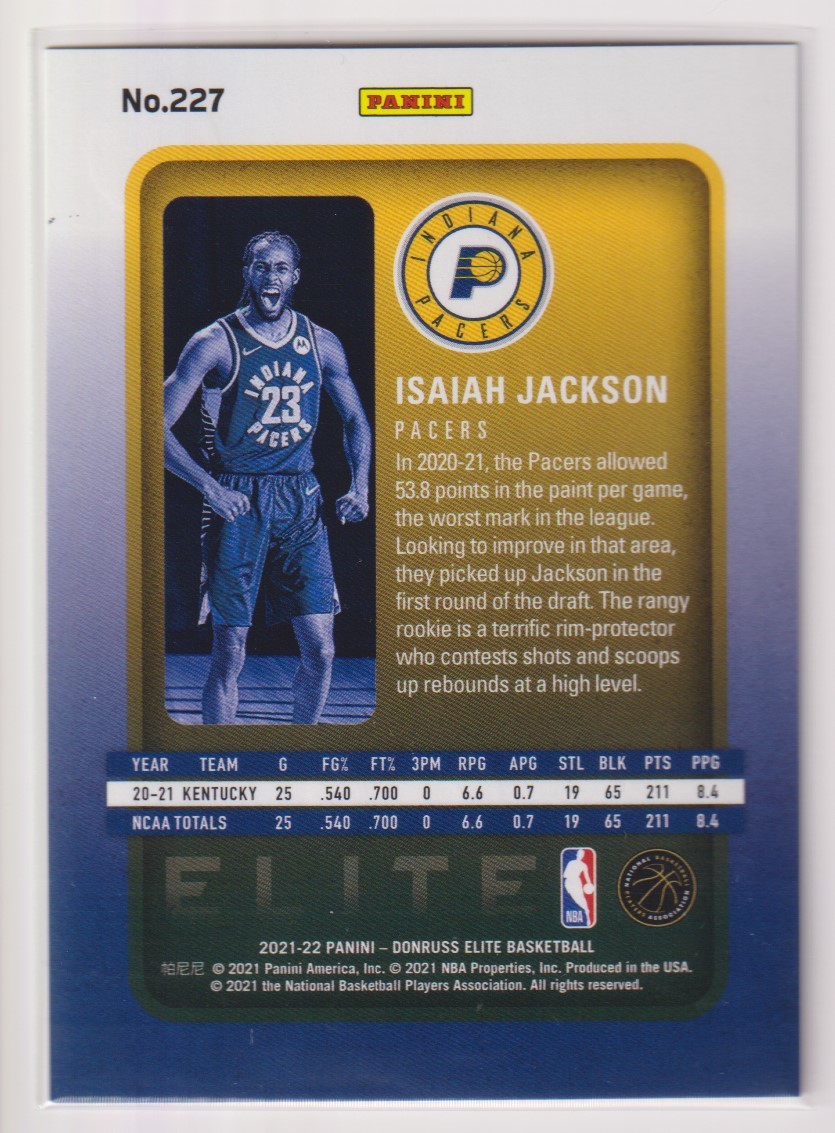 NBA ISAIAH JACKSON ROOKIE CARD 2021-22 PANINI DONRUSS ELITE BASKETBALL Orange No. 227 PACERS /210 枚限定 アイザイア・ジャクソン_画像2