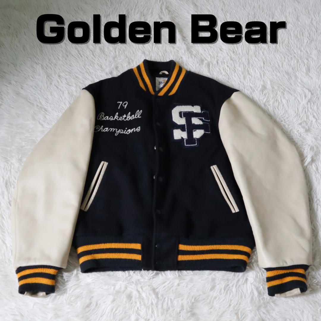 ゴールデンベア Golden Bear スタジャン 袖レザー ワッペン 刺繍 本革 カウレザー スタジアムジャンバー ブルゾン アウター フルデコ  80s