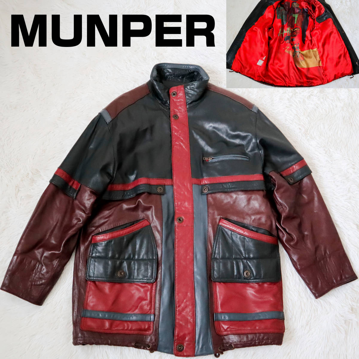 【最高級】MUNPER ムンペル 羊革 ラムレザー フィールドコート ハーフコート 裏地アート柄 総柄 スペイン製