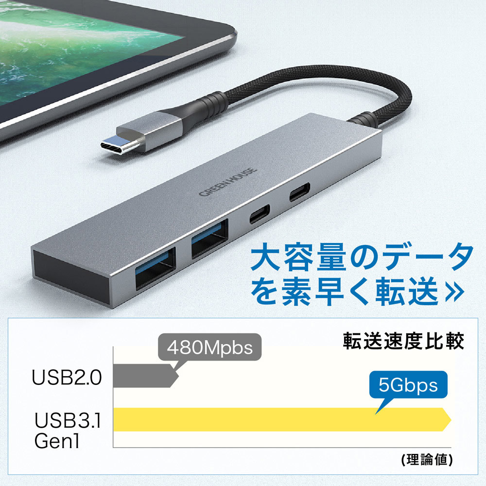 USBハブ USB 接続 4ポート Type-C x2 Type-A x2 アルミ 外付けHDD 充電 データ転送 グリーンハウス GH-HB3C4A-SV/1080/送料無料_画像4