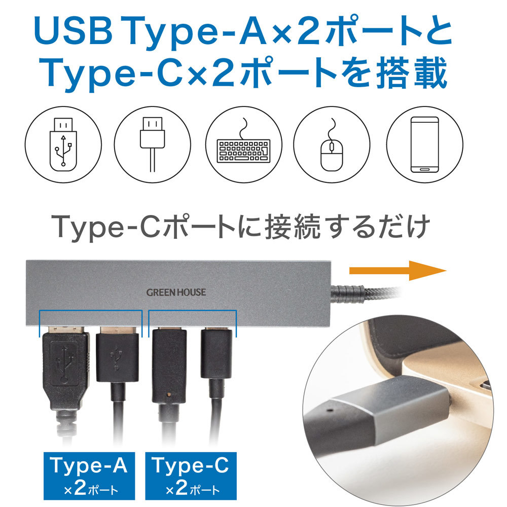 USBハブ USB 接続 4ポート Type-C x2 Type-A x2 アルミ 外付けHDD 充電 データ転送 グリーンハウス GH-HB3C4A-SV/1080/送料無料_画像5