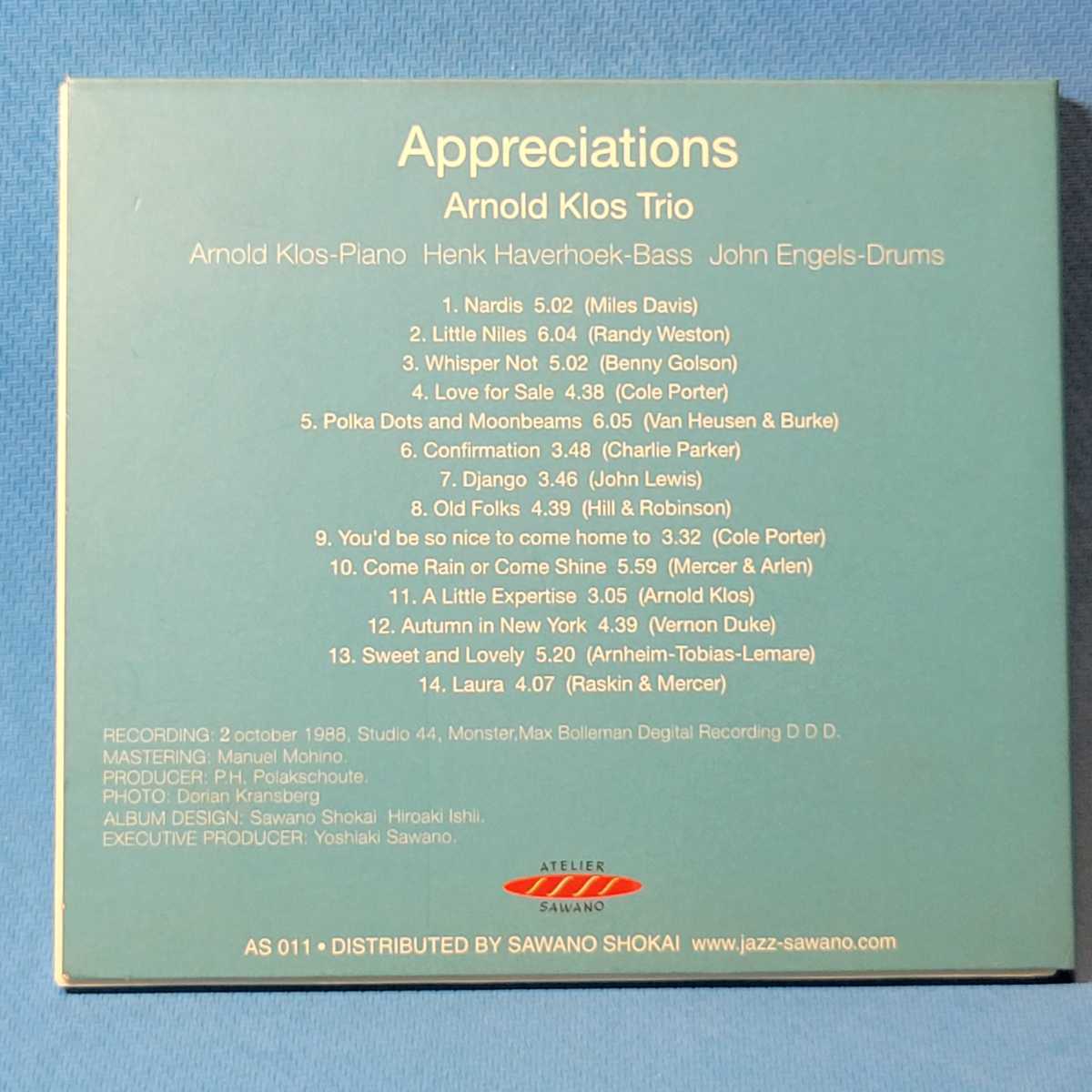 澤野工房★ ARNOLD KLOS TRIO / APPRECIATIONS ★ アーノルド・クロス・トリオ ★ 廃盤・デジパック仕様_画像2