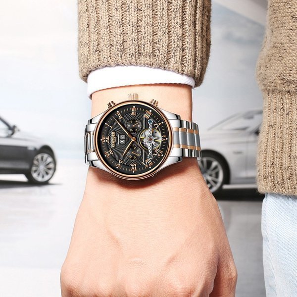 腕時計 メンズ KINYUED 海外ブランド 高級 自動巻き トゥールビヨン 機械式 ステンレス J12 ブラックゴールド wc222 