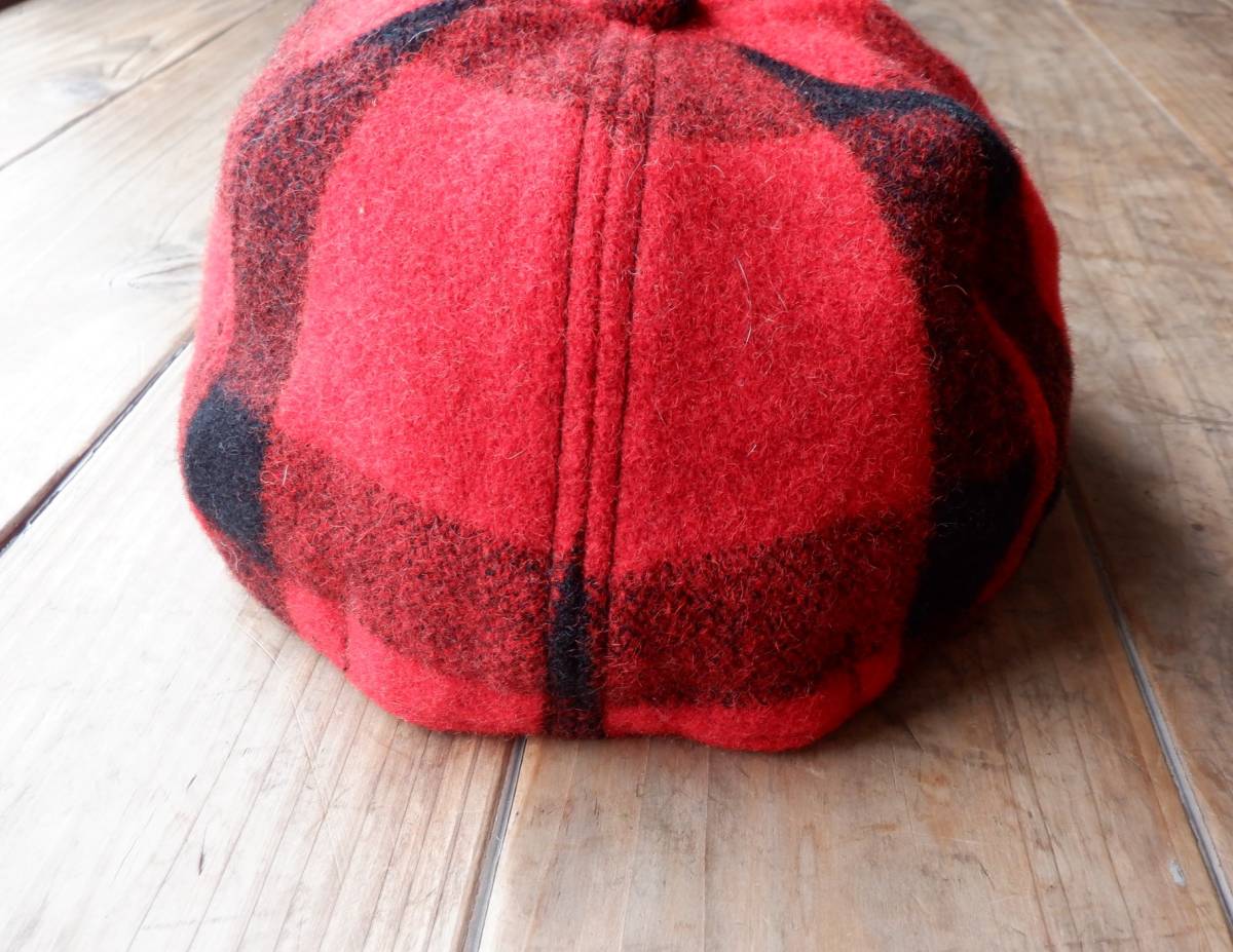送料無料♪80's USA製ウールベースボールキャップ 6パネル バッファローチェック 赤×黒 size L ワークキャップ帽子 ビンテージ古着vintage_画像4