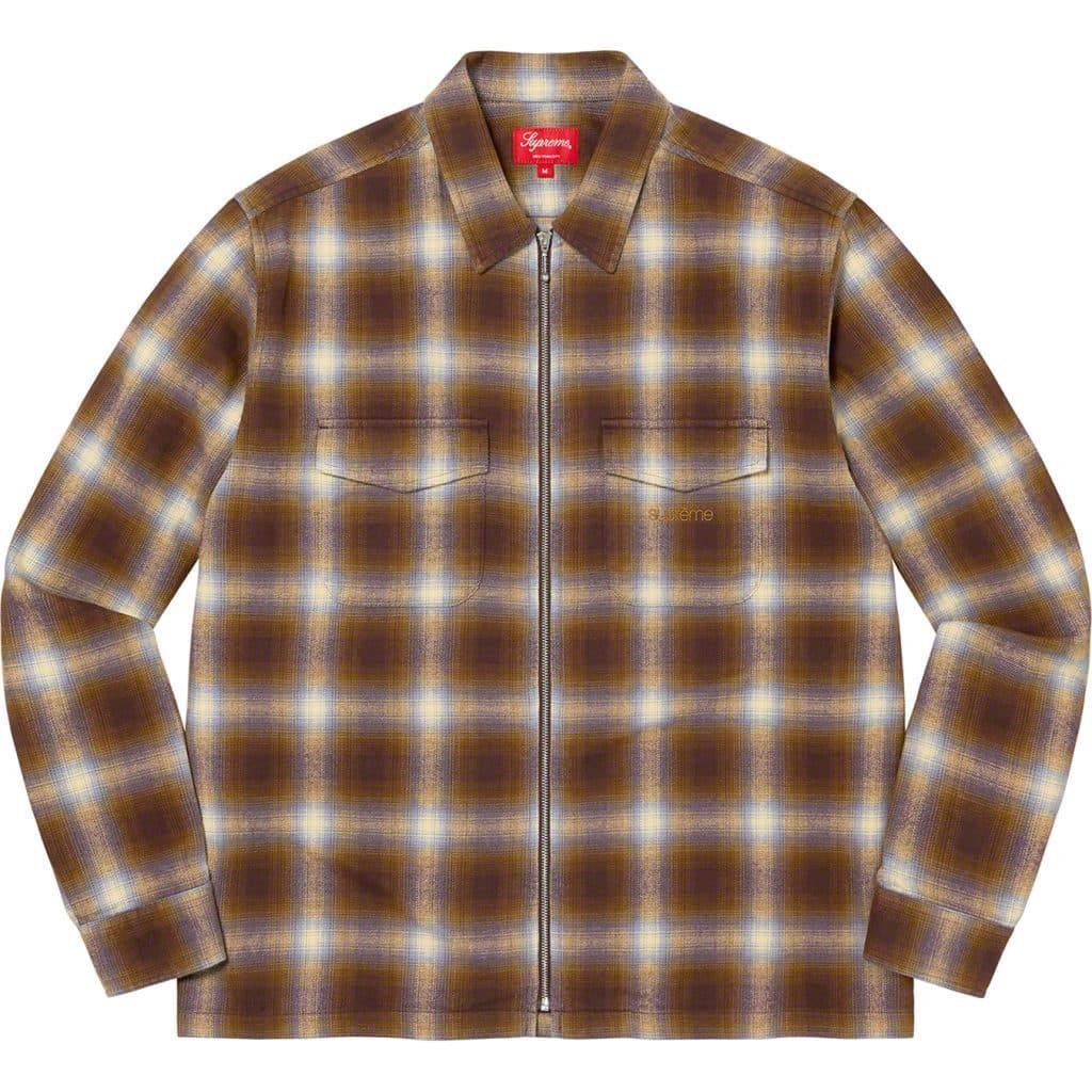 送料無料 M ブラウン Supreme Shadow Plaid Flannel Zip Up Shirt 