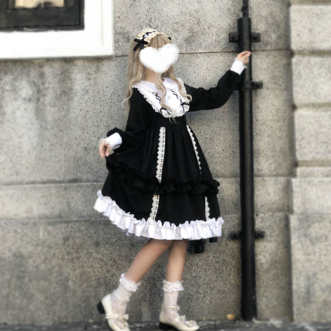 ゴスロリ ワンピース フレアワンピ メイド服 地雷系 病みかわ ゆめかわ フリル レース リボン スピンドル フリーサイズ 黒|PayPayフリマ ワンピース 黒 白 L ロング スピンドル レース ロリータ メイド