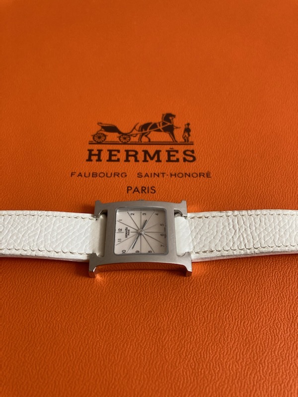 □HERMES エルメス Hウォッチ 白文字盤 ホワイト×シルバー SS 革ベルト