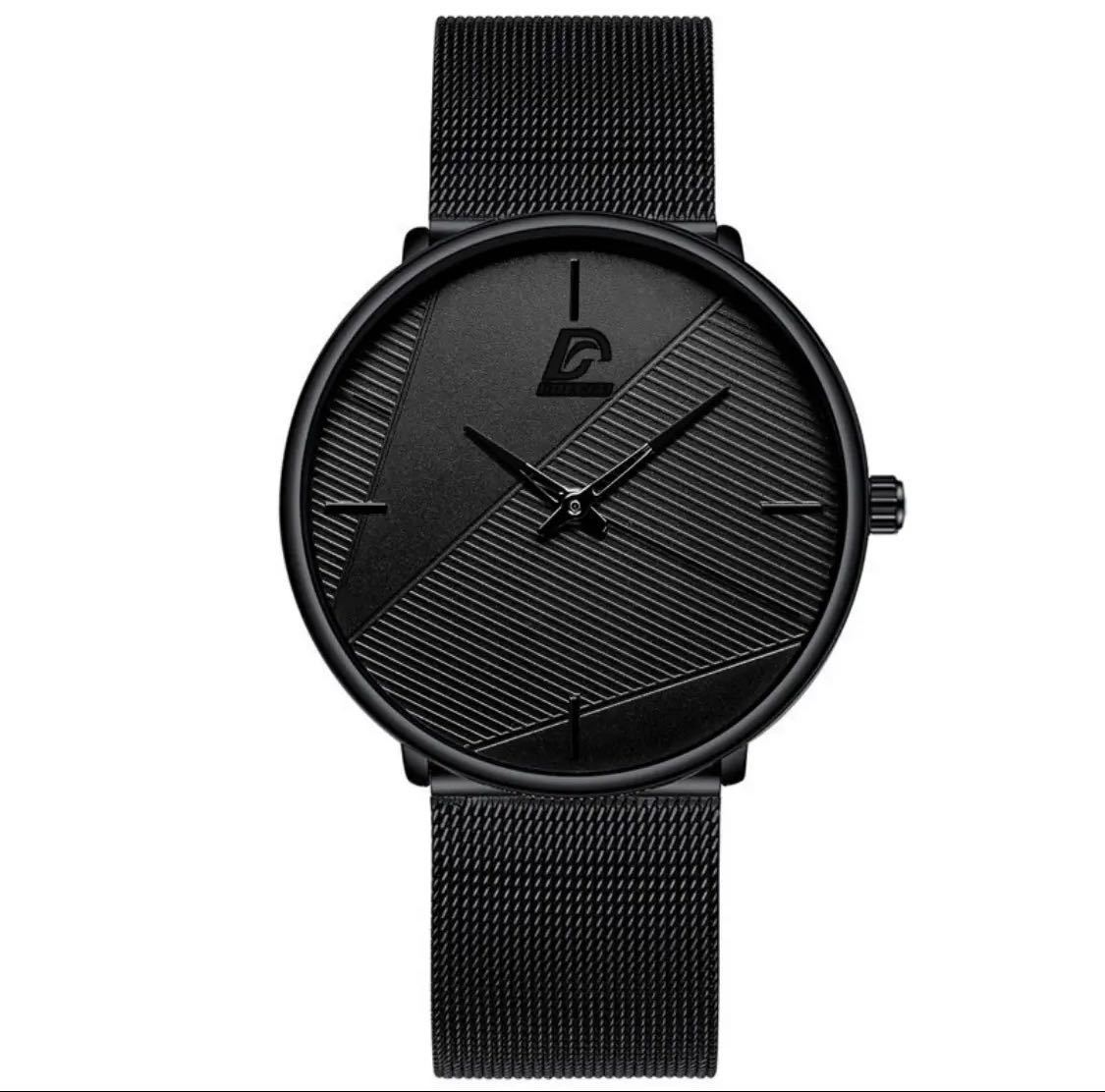腕時計 男性 超薄型 ステンレス鋼 ステンレスベルト クォーツ腕時計 ブラック_画像3