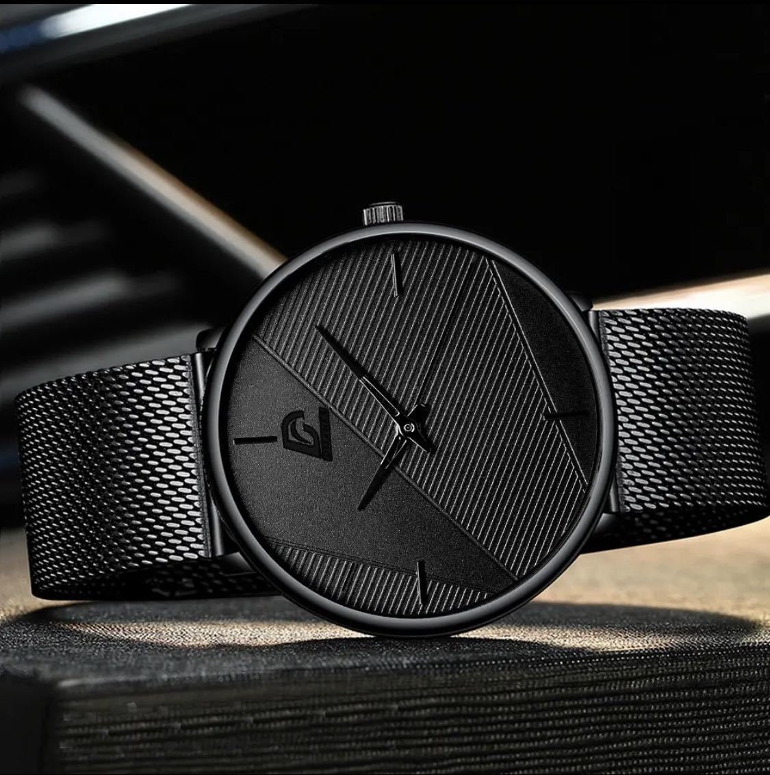 腕時計 男性 超薄型 ステンレス鋼 ステンレスベルト クォーツ腕時計 ブラック_画像2