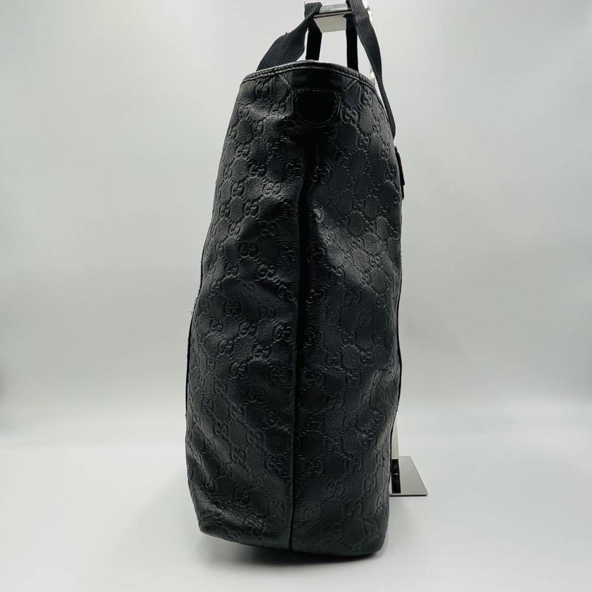 1円《極美品》GUCCI グッチ メンズ トートバッグ ショルダー ビジネス 肩掛け GGシマ シェリーライン 大容量 ラバー レザー A4 黒 ブラック