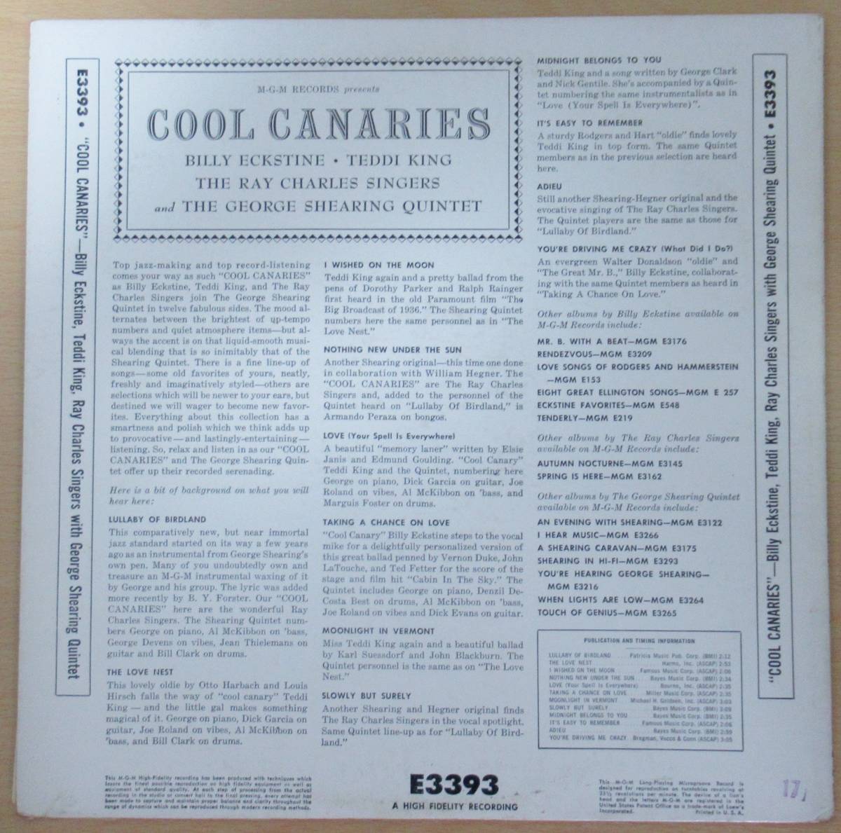 レコード〈LP〉ビリー・エクスタイン（BILLY ECKSTINE) COOL CANARIES_画像2