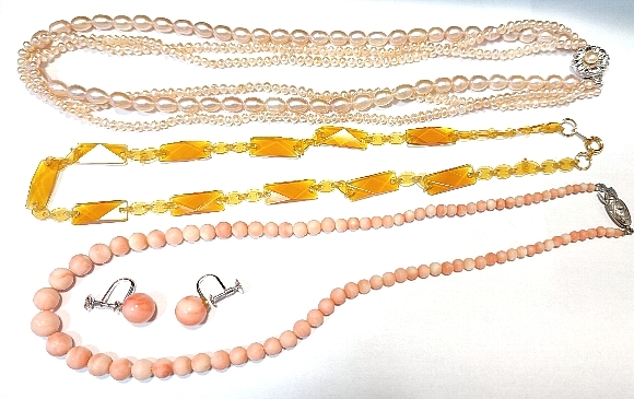 DN0337* accessory 4 point set fresh water pearl natural coral amber each necklace .. earrings 