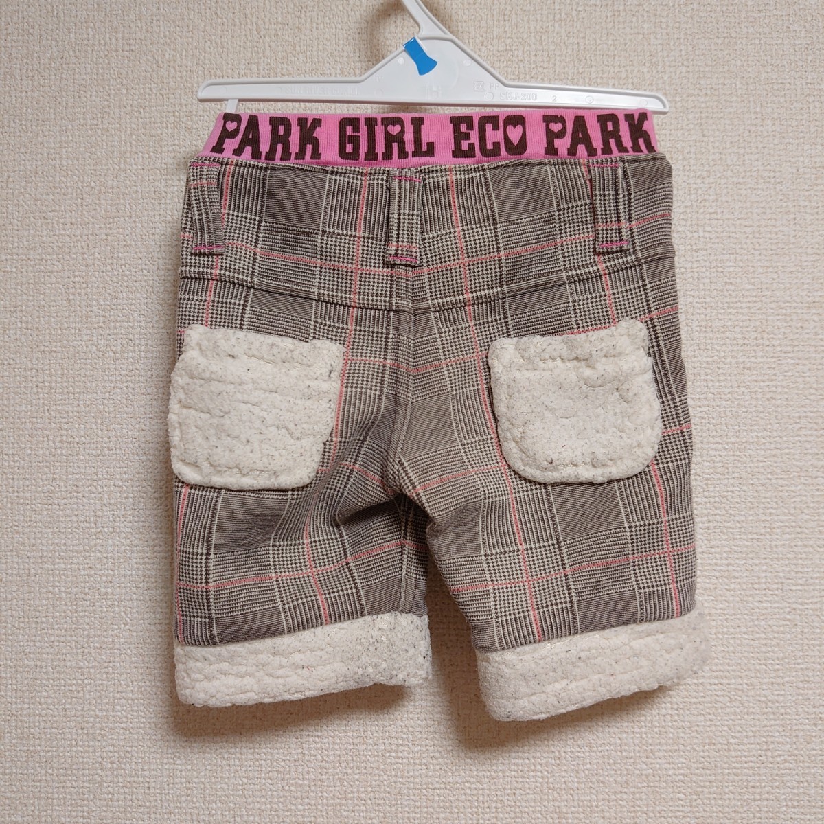 【95cm】古着 子供服 ズボン パンツ チェック柄 女の子 モコモコ後ろポケット