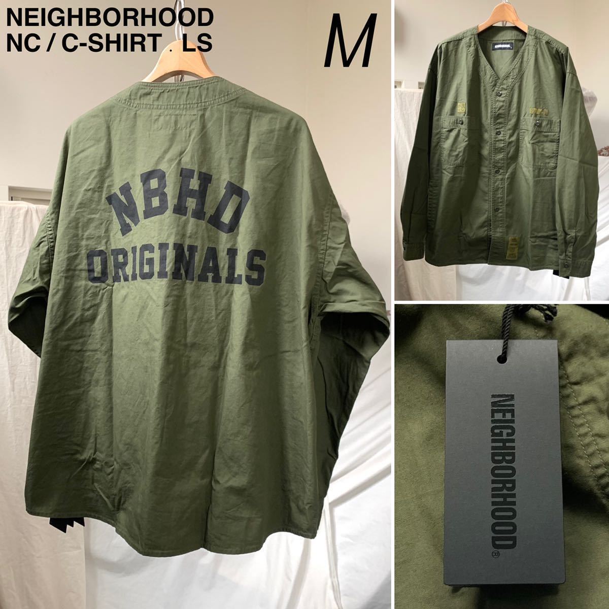 M 新品 2022SS NEIGHBORHOOD ネイバーフッド ロゴ ノーカラー シャツ ジャケット NC / C-SHIRT . LS オリーブ 221YTNH-SHM01 メンズ 希少