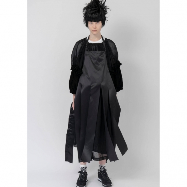 新品！コムコム コムデギャルソンCOMME des GARCONS 袖ベロア切替シフォンギャザーデザインワンピース 黒XS 【レディース】_画像1