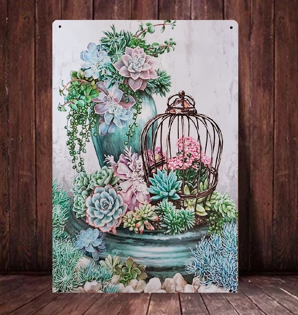 ブリキ看板　HANAKO　レトロ　花のポスター　ガーデンオブジェ　 FR10　多肉植物　サボテン　ウェルカムボード