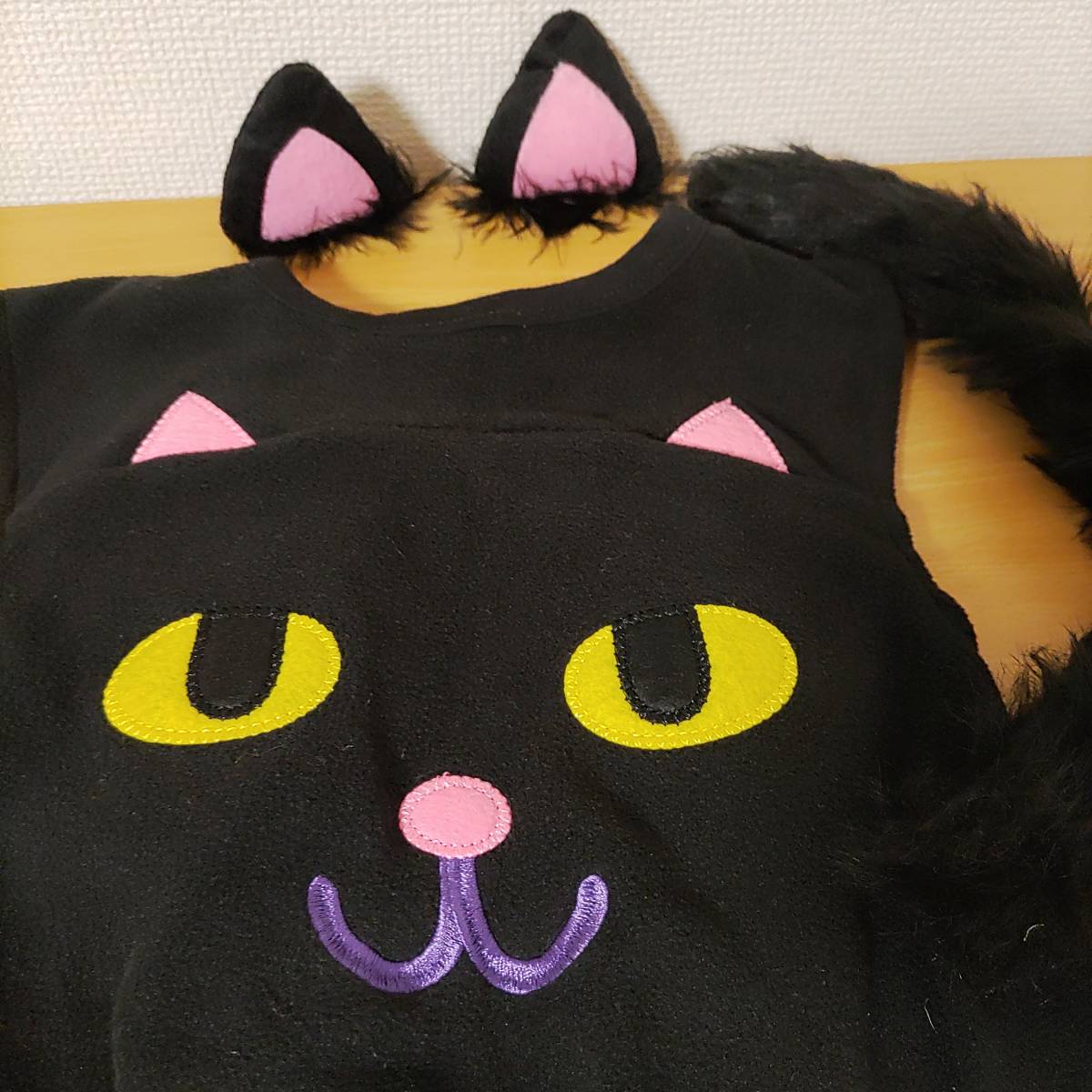 仮装くろねこ黒猫コスプレ3点セット☆フリース素材ワンピース95cm猫耳ピンク針金入り猫しっぽHalloweenぬいぐるみ衣装ハロウィンKIDSキッズ_画像2