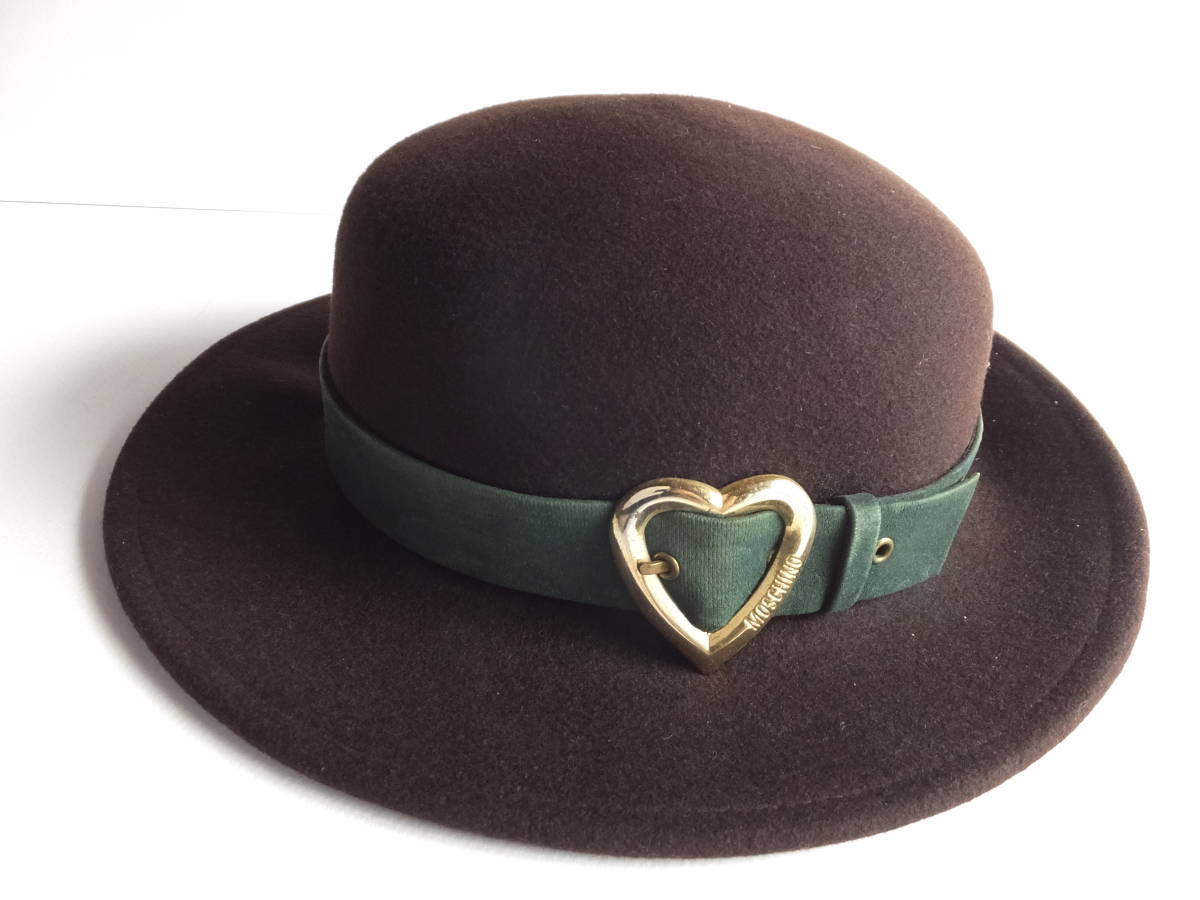 MOSCHINO　モスキーノ　ハート ゴールド金具　茶色　ブラウン　毛100％　ビンテージレトロ　milano　美しい帽子のサムネイル