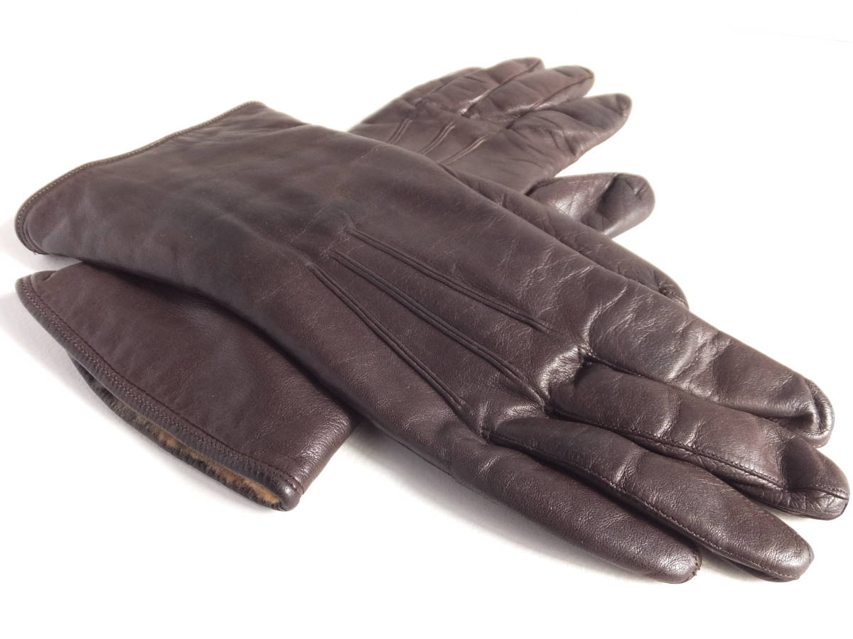 DENTStentsuOLD Vintage leather glove tea color leather gloves original leather × rabbit fur inner attaching lady's MADE IN ENGLAND Britain made 