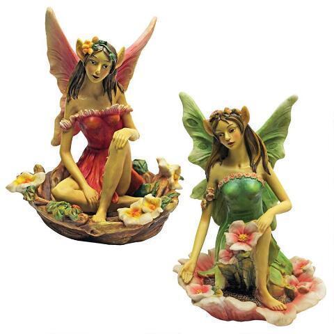 ドングリの殻に座る 赤と緑の妖精(フェアリー)彫刻 彫像/ 伝説 神話 聖霊 童話 ファンタジー 趣味コレクション（輸入品