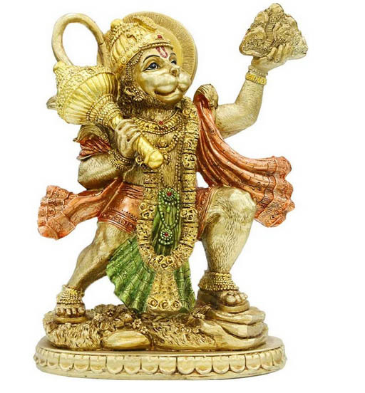 ヒンズー教の神、空飛ぶハヌマン像 ゴールド風彫像 - インド、ムルティ プージャの彫刻（輸入品
