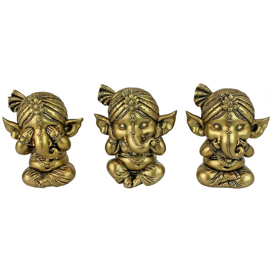 ヒンズー教 ガネーシャ神 「見ざる聞かざる言わざる」三猿 インテリア置物 夢をかなえるゾウ エスニック彫像 彫刻（輸入品
