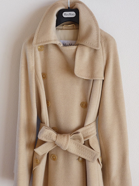 MaxMara□マックスマーラキャメル100%ダブルブレストベルテッドコート