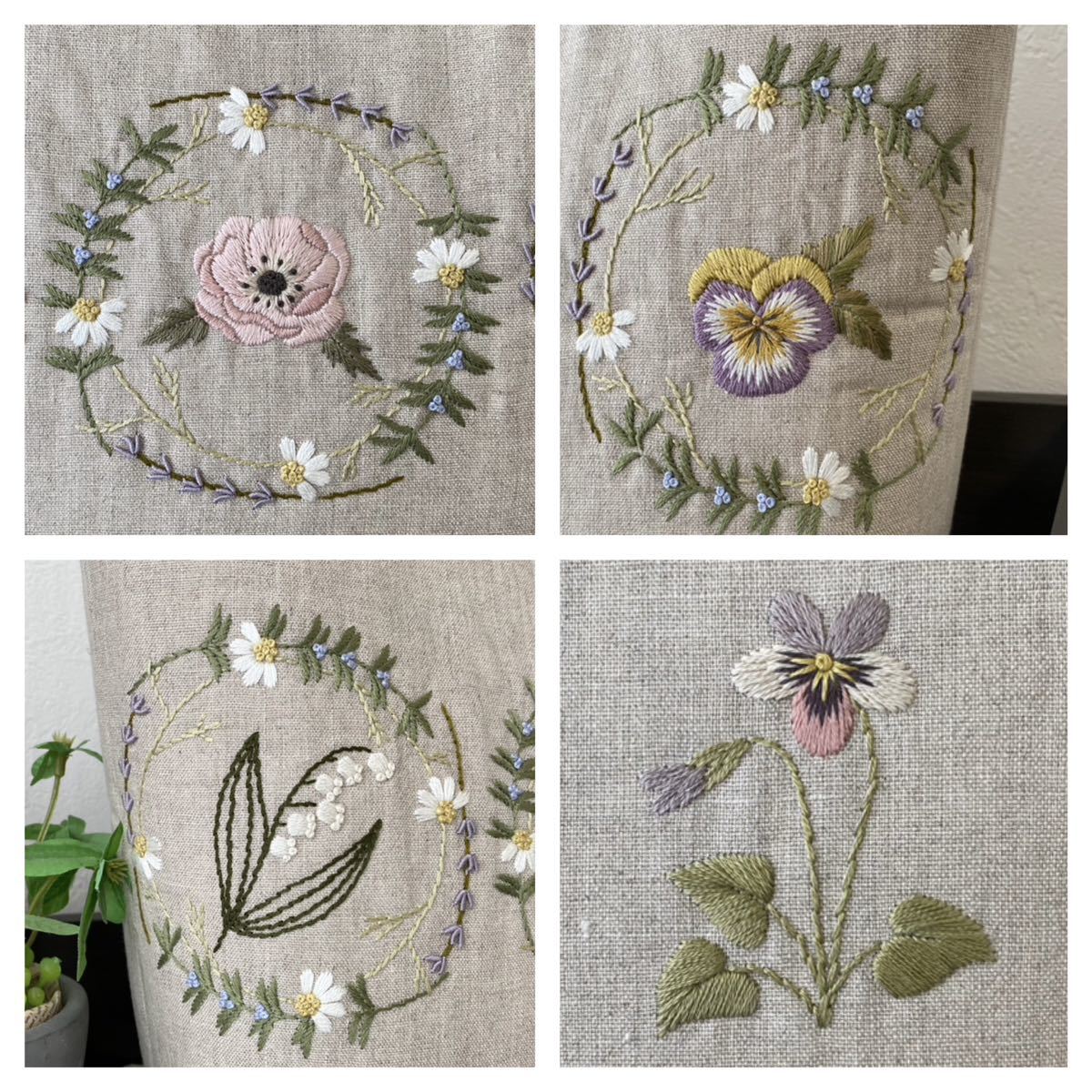 ハンドメイド＊リネン×手刺繍＊トートバッグ＊本革持ち手＊アネモネ＊スズラン＊パンジー＊花＊刺繍_画像7