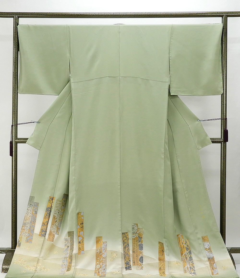 色留袖 未着用 正絹 寿光織 花鳥短冊模様 身丈176.5cm 裄丈70cm 色留袖 トールサイズ 一つ紋 未使用 着物