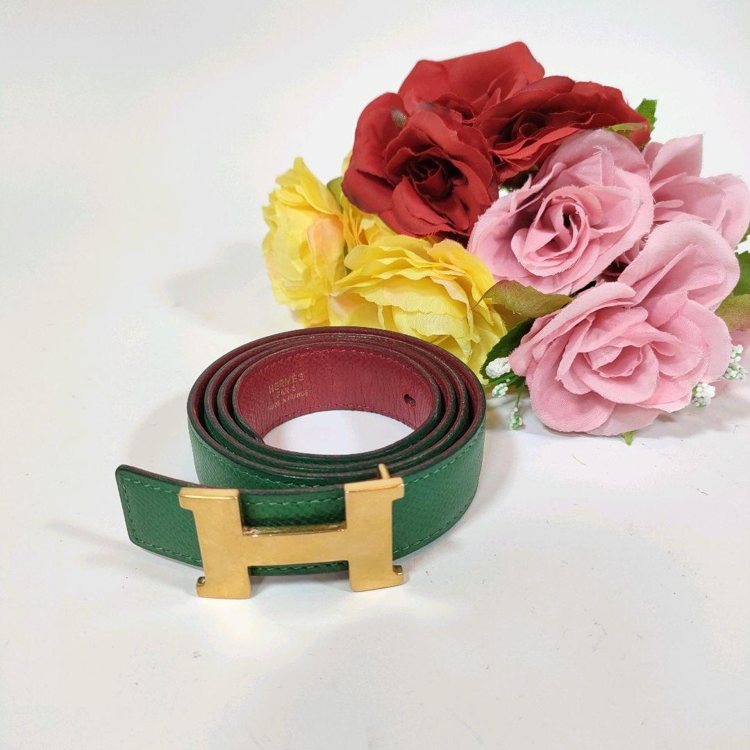 美品 レザーベルト HERMES エルメス コンスタンス 緑 グリーン 金