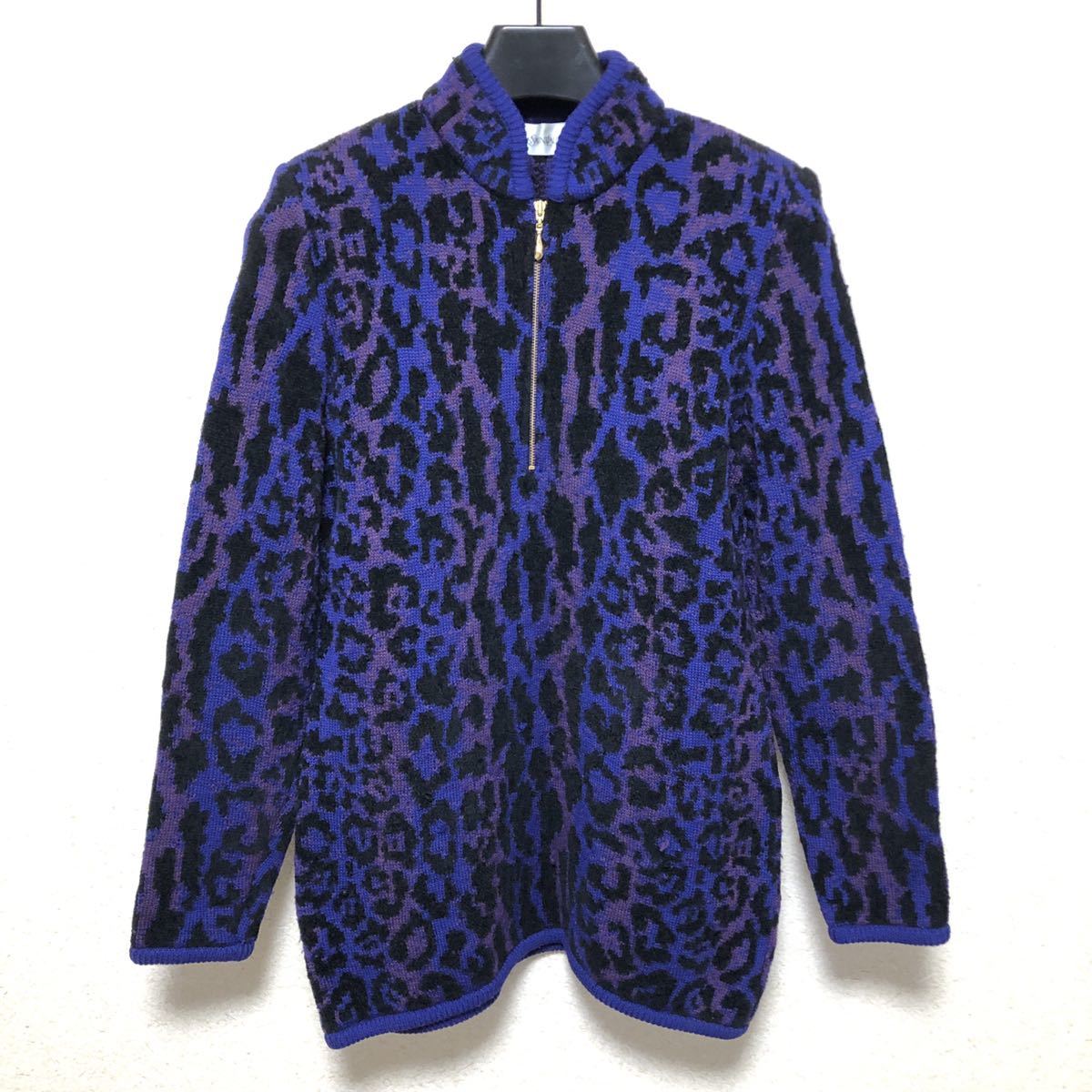 イヴサンローラン YVES SAINT LAURENT YSL 長袖セーター ウール Mサイズ レオパード柄 紫×黒