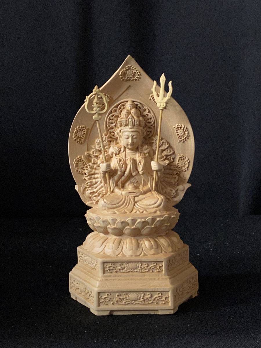仏教工芸品 一刀彫り 極上彫 総柘植材 木彫仏像 千手観音菩薩座像