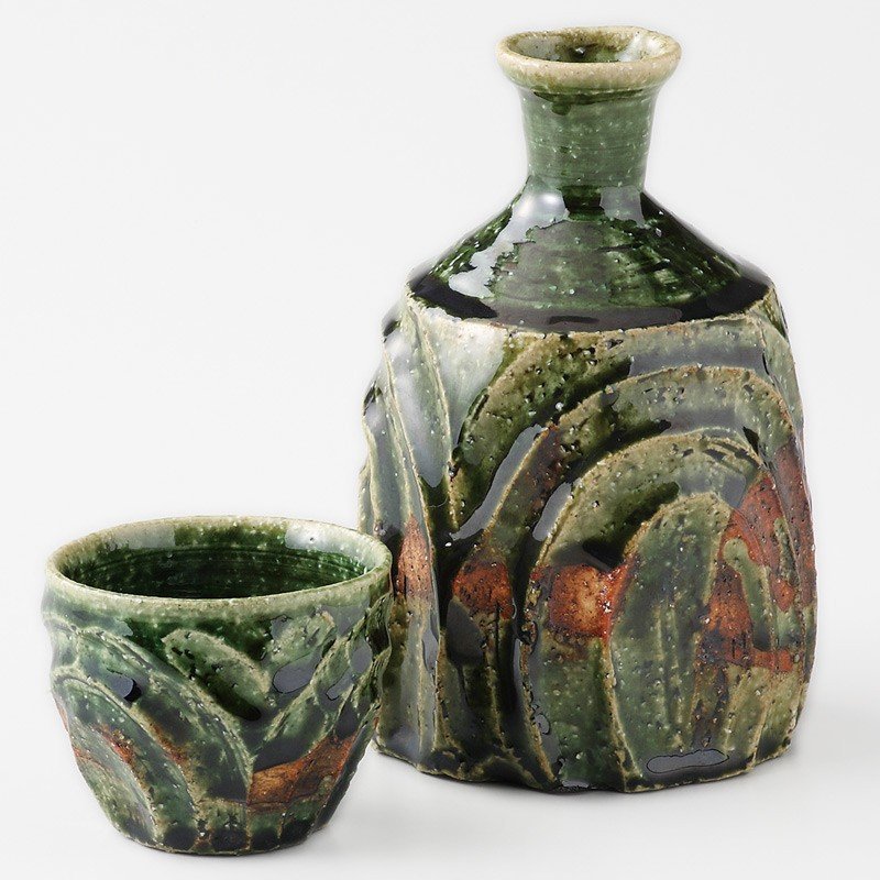 酒器! 林英樹(鶴琳窯) ☆織部うねり酒器セット☆ 新品 ぐい呑 杯 盃 徳利 片口 酒注ぎ ギフト