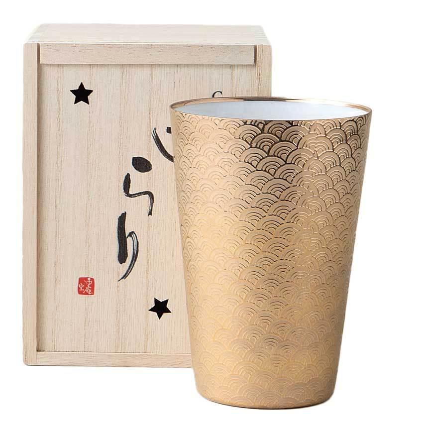美濃焼! ☆きらり・うすはりタンブラー青海波(金)☆ V3092-2 新品 木箱焼酎杯 ビアグラス ジョッキ ドリンク カクテル 氷 ギフト