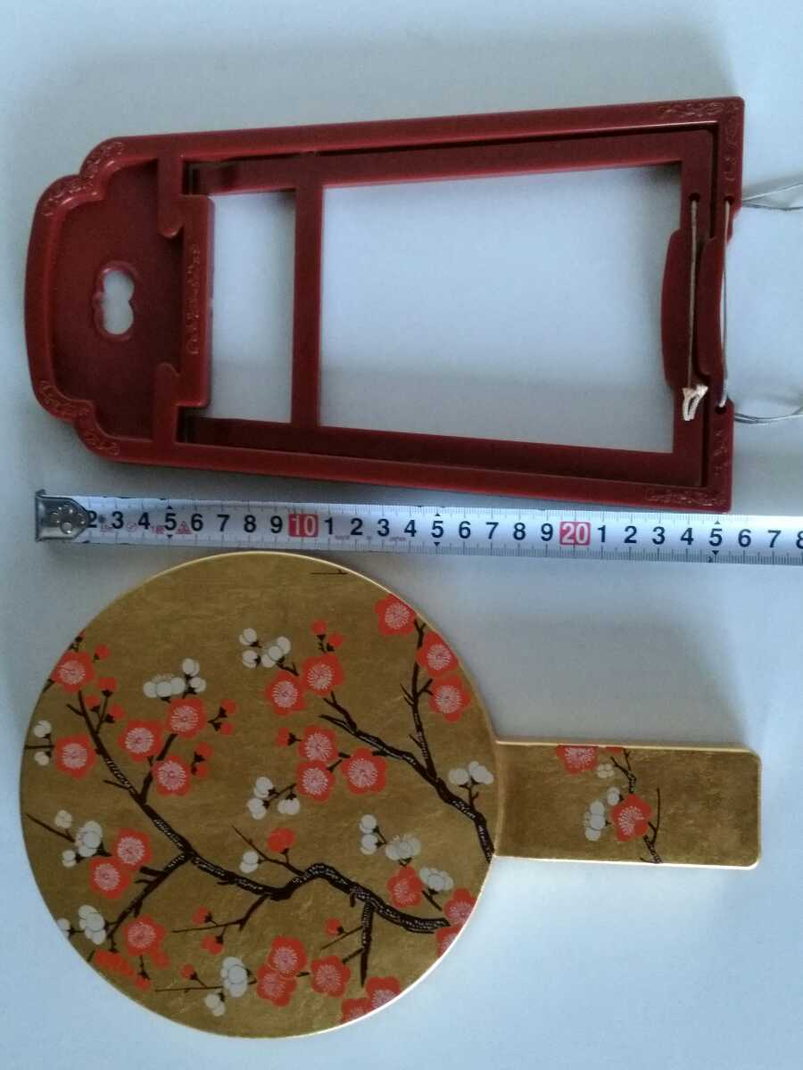  pedestal attaching gold . hand-mirror?( unknown ) plum pattern lacquer ware Showa Retro antique .. mirror long-term keeping goods 