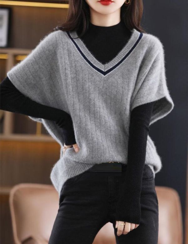  including in a package 1 ten thousand jpy free shipping #M-XL size # autumn winter new goods V neck . quality do Le Mans sleeve cashmere . warm sleeveless knitted sweater knitted the best * ash 