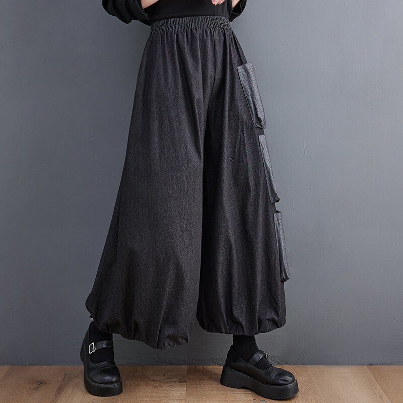  включение в покупку 1 десять тысяч иен бесплатная доставка # осень-зима прекрасное качество casual карман Denim широкий брюки шаровары большой размер талия резина гаучо брюки *