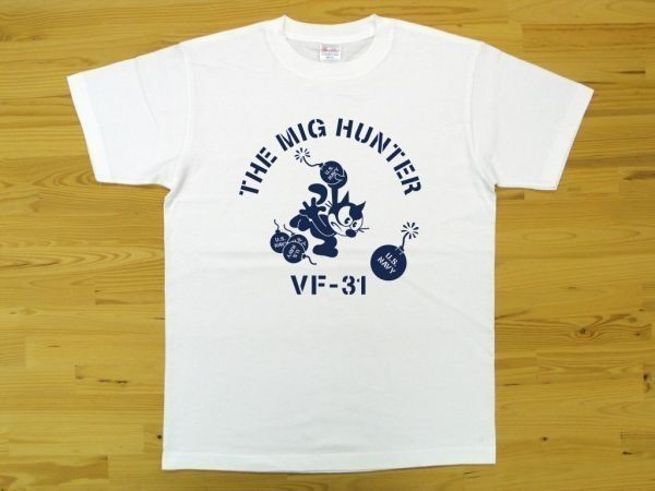 THE MIG HUNTER 白 5.6oz 半袖Tシャツ 紺 XL ミリタリー トムキャット VFA-31 U.S. NAVY VF-31_白（紺色プリント）