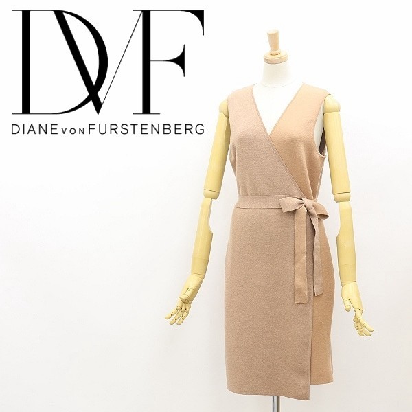 美品◆DIANE von FURSTENBERG ダイアンフォン ファステンバーグ バイカラー ノースリーブ ニット ラップ ワンピース ベージュ M_画像1