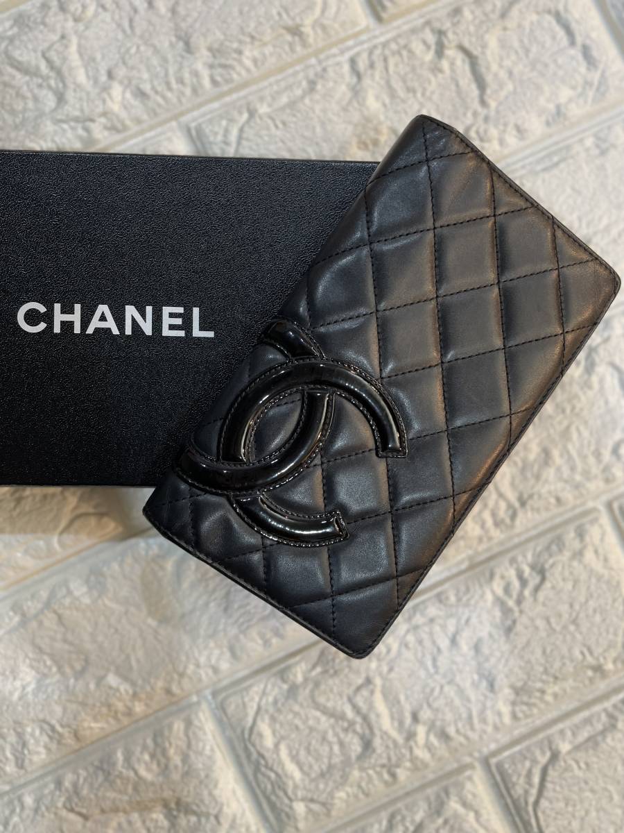 【良品】CHANEL シャネル カンボンライン 二つ折り 長財布 ブラック × ピンク バイカラー エナメル 本革 ココマーク レディース