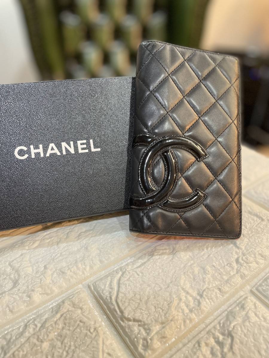 【良品】CHANEL シャネル カンボンライン 二つ折り 長財布 ブラック × ピンク バイカラー エナメル 本革 ココマーク レディース