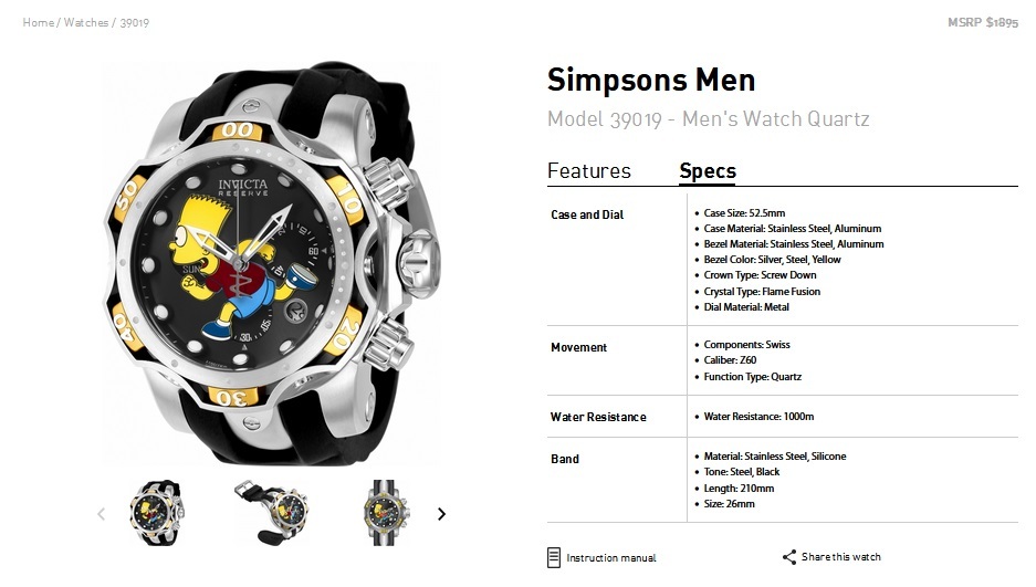INVICTA インビクタ『The Simpsons 39019』☆電池式☆スイス製Mvt