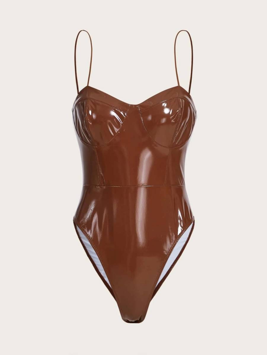  Brown bust cup vinyl body suit L