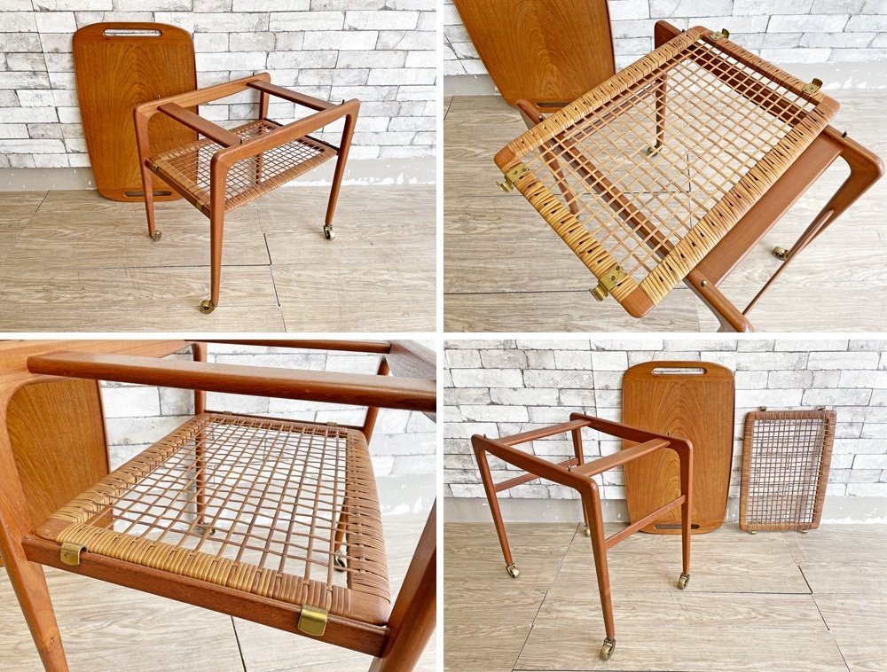 ○ CFC Silkeborg ビンテージ トローリーテーブル チーク×ラタン
